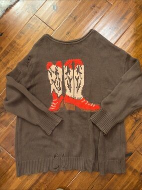 BDG Brown Crewneck Sweater with Red and Cream Cowboy Boot Motif